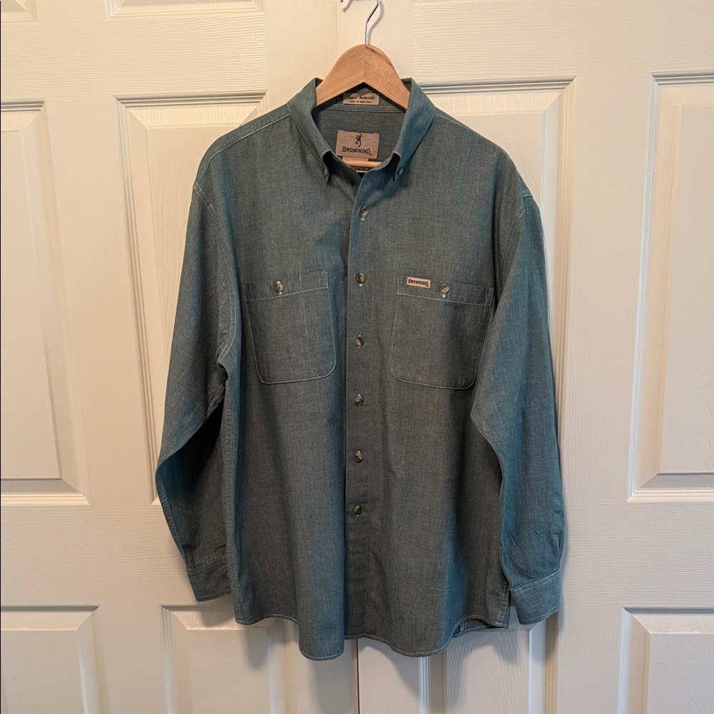 Men's Browning Blue Light Denim Long-Sleeved Collared Button Up Dress Shirt Lg